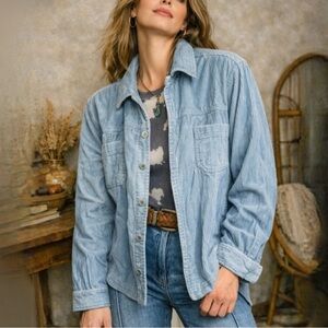 Dressbarn Blue Corduroy Button-Down Jacket 100% Cotton Lightweight Utility XL